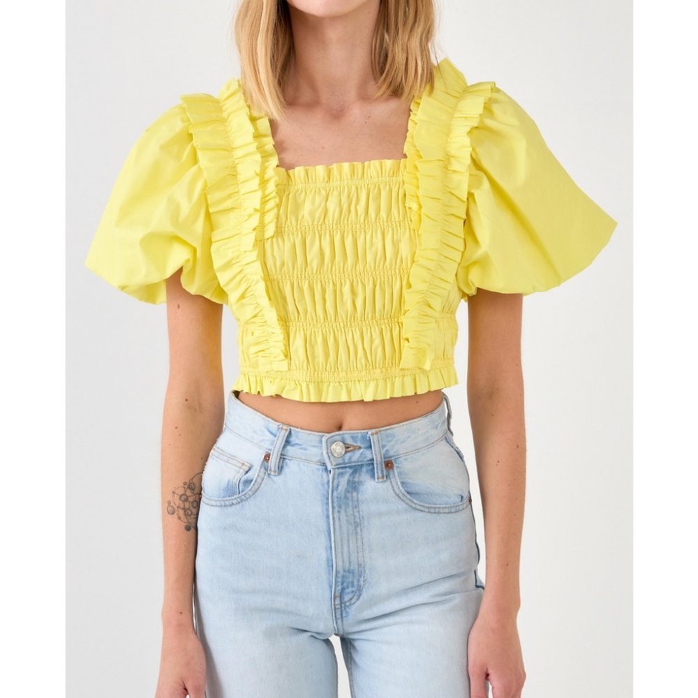 Endless Rose SMOCKED PUFF SLEEVE CROP TOP yellow